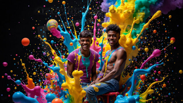 Paint Splat Fun - Hot men having fun with body paint. AI-generated abstract art featuring beautiful, handsome, sexy, shirtless, men, boys, lads, full of excitement joy and fun, covered in body paint, dynamic, interactive, Combining elements of realism with surreal abstract qualities, showcasing the potential of AI in artistic expression. Photos of guys, just smiling, happy, and having a good time. Most of them are smiling because a paint bomb just blow up next to them, so I'm calling is Abstract Art. When paint attacks and makes people happy, it's Art!