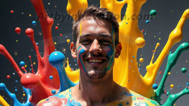 Paint Splat Fun - Hot men having fun with body paint. AI-generated abstract art featuring beautiful, handsome, sexy, shirtless, men, boys, lads, full of excitement joy and fun, covered in body paint, dynamic, interactive, Combining elements of realism with surreal abstract qualities, showcasing the potential of AI in artistic expression. Photos of guys, just smiling, happy, and having a good time. Most of them are smiling because a paint bomb just blow up next to them, so I'm calling is Abstract Art. When paint attacks and makes people happy, it's Art!