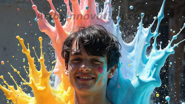 Paint Splat Fun - Hot men having fun with body paint. AI-generated abstract art featuring beautiful, handsome, sexy, shirtless, men, boys, lads, full of excitement joy and fun, covered in body paint, dynamic, interactive, Combining elements of realism with surreal abstract qualities, showcasing the potential of AI in artistic expression. Photos of guys, just smiling, happy, and having a good time. Most of them are smiling because a paint bomb just blow up next to them, so I'm calling is Abstract Art. When paint attacks and makes people happy, it's Art!