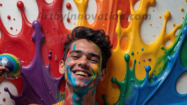 Paint Splat Fun - Hot men having fun with body paint. AI-generated abstract art featuring beautiful, handsome, sexy, shirtless, men, boys, lads, full of excitement joy and fun, covered in body paint, dynamic, interactive, Combining elements of realism with surreal abstract qualities, showcasing the potential of AI in artistic expression. Photos of guys, just smiling, happy, and having a good time. Most of them are smiling because a paint bomb just blow up next to them, so I'm calling is Abstract Art. When paint attacks and makes people happy, it's Art!