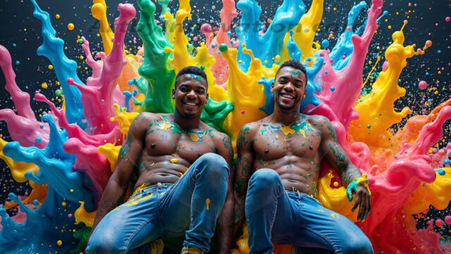 Paint Splat Fun - Hot men having fun with body paint. AI-generated abstract art featuring beautiful, handsome, sexy, shirtless, men, boys, lads, full of excitement joy and fun, covered in body paint, dynamic, interactive, Combining elements of realism with surreal abstract qualities, showcasing the potential of AI in artistic expression. Photos of guys, just smiling, happy, and having a good time. Most of them are smiling because a paint bomb just blow up next to them, so I'm calling is Abstract Art. When paint attacks and makes people happy, it's Art!