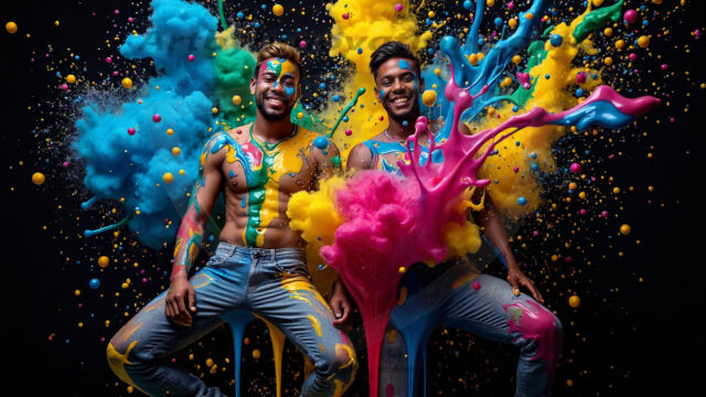 Paint Splat Fun - Hot men having fun with body paint. AI-generated abstract art featuring beautiful, handsome, sexy, shirtless, men, boys, lads, full of excitement joy and fun, covered in body paint, dynamic, interactive, Combining elements of realism with surreal abstract qualities, showcasing the potential of AI in artistic expression. Photos of guys, just smiling, happy, and having a good time. Most of them are smiling because a paint bomb just blow up next to them, so I'm calling is Abstract Art. When paint attacks and makes people happy, it's Art!