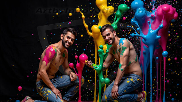 Paint Splat Fun - Hot men having fun with body paint. AI-generated abstract art featuring beautiful, handsome, sexy, shirtless, men, boys, lads, full of excitement joy and fun, covered in body paint, dynamic, interactive, Combining elements of realism with surreal abstract qualities, showcasing the potential of AI in artistic expression. Photos of guys, just smiling, happy, and having a good time. Most of them are smiling because a paint bomb just blow up next to them, so I'm calling is Abstract Art. When paint attacks and makes people happy, it's Art!