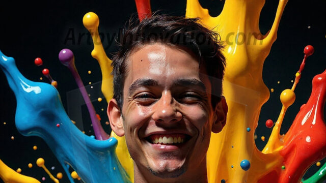 Paint Splat Fun - Hot men having fun with body paint. AI-generated abstract art featuring beautiful, handsome, sexy, shirtless, men, boys, lads, full of excitement joy and fun, covered in body paint, dynamic, interactive, Combining elements of realism with surreal abstract qualities, showcasing the potential of AI in artistic expression. Photos of guys, just smiling, happy, and having a good time. Most of them are smiling because a paint bomb just blow up next to them, so I'm calling is Abstract Art. When paint attacks and makes people happy, it's Art!