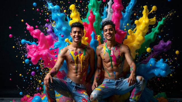 Paint Splat Fun - Hot men having fun with body paint. AI-generated abstract art featuring beautiful, handsome, sexy, shirtless, men, boys, lads, full of excitement joy and fun, covered in body paint, dynamic, interactive, Combining elements of realism with surreal abstract qualities, showcasing the potential of AI in artistic expression. Photos of guys, just smiling, happy, and having a good time. Most of them are smiling because a paint bomb just blow up next to them, so I'm calling is Abstract Art. When paint attacks and makes people happy, it's Art!