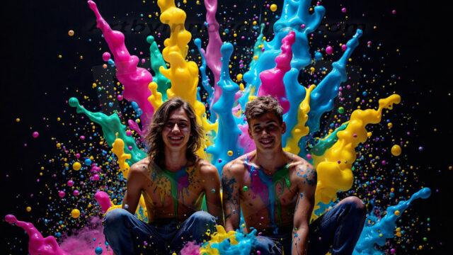 Paint Splat Fun - Hot men having fun with body paint. AI-generated abstract art featuring beautiful, handsome, sexy, shirtless, men, boys, lads, full of excitement joy and fun, covered in body paint, dynamic, interactive, Combining elements of realism with surreal abstract qualities, showcasing the potential of AI in artistic expression. Photos of guys, just smiling, happy, and having a good time. Most of them are smiling because a paint bomb just blow up next to them, so I'm calling is Abstract Art. When paint attacks and makes people happy, it's Art!
