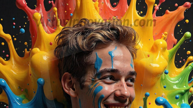 Paint Splat Fun - Hot men having fun with body paint. AI-generated abstract art featuring beautiful, handsome, sexy, shirtless, men, boys, lads, full of excitement joy and fun, covered in body paint, dynamic, interactive, Combining elements of realism with surreal abstract qualities, showcasing the potential of AI in artistic expression. Photos of guys, just smiling, happy, and having a good time. Most of them are smiling because a paint bomb just blow up next to them, so I'm calling is Abstract Art. When paint attacks and makes people happy, it's Art!