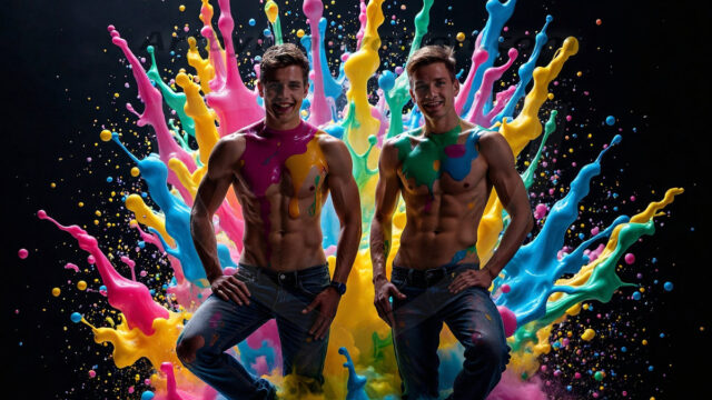 Paint Splat Fun - Hot men having fun with body paint. AI-generated abstract art featuring beautiful, handsome, sexy, shirtless, men, boys, lads, full of excitement joy and fun, covered in body paint, dynamic, interactive, Combining elements of realism with surreal abstract qualities, showcasing the potential of AI in artistic expression. Photos of guys, just smiling, happy, and having a good time. Most of them are smiling because a paint bomb just blow up next to them, so I'm calling is Abstract Art. When paint attacks and makes people happy, it's Art!