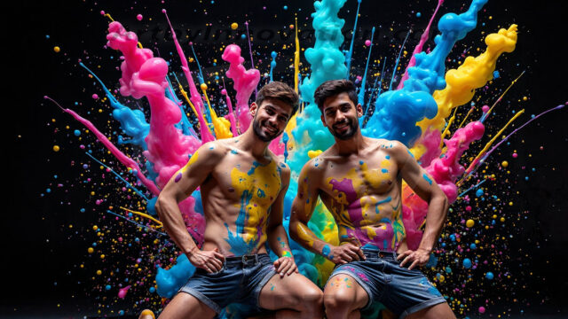 Paint Splat Fun - Hot men having fun with body paint. AI-generated abstract art featuring beautiful, handsome, sexy, shirtless, men, boys, lads, full of excitement joy and fun, covered in body paint, dynamic, interactive, Combining elements of realism with surreal abstract qualities, showcasing the potential of AI in artistic expression. Photos of guys, just smiling, happy, and having a good time. Most of them are smiling because a paint bomb just blow up next to them, so I'm calling is Abstract Art. When paint attacks and makes people happy, it's Art!