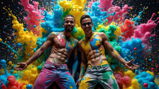 Paint Splat Fun - Hot men having fun with body paint. AI-generated abstract art featuring beautiful, handsome, sexy, shirtless, men, boys, lads, full of excitement joy and fun, covered in body paint, dynamic, interactive, Combining elements of realism with surreal abstract qualities, showcasing the potential of AI in artistic expression. Photos of guys, just smiling, happy, and having a good time. Most of them are smiling because a paint bomb just blow up next to them, so I'm calling is Abstract Art. When paint attacks and makes people happy, it's Art!