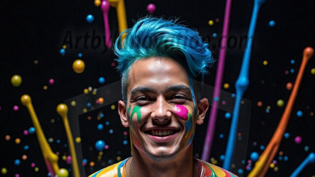 Paint Splat Fun - Hot men having fun with body paint. AI-generated abstract art featuring beautiful, handsome, sexy, shirtless, men, boys, lads, full of excitement joy and fun, covered in body paint, dynamic, interactive, Combining elements of realism with surreal abstract qualities, showcasing the potential of AI in artistic expression. Photos of guys, just smiling, happy, and having a good time. Most of them are smiling because a paint bomb just blow up next to them, so I'm calling is Abstract Art. When paint attacks and makes people happy, it's Art!