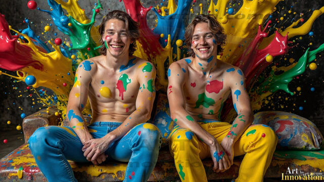 Paint Splat Fun - Hot men having fun with body paint. AI-generated abstract art featuring beautiful, handsome, sexy, shirtless, men, boys, lads, full of excitement joy and fun, covered in body paint, dynamic, interactive, Combining elements of realism with surreal abstract qualities, showcasing the potential of AI in artistic expression. Photos of guys, just smiling, happy, and having a good time. Most of them are smiling because a paint bomb just blow up next to them, so I'm calling is Abstract Art. When paint attacks and makes people happy, it's Art!