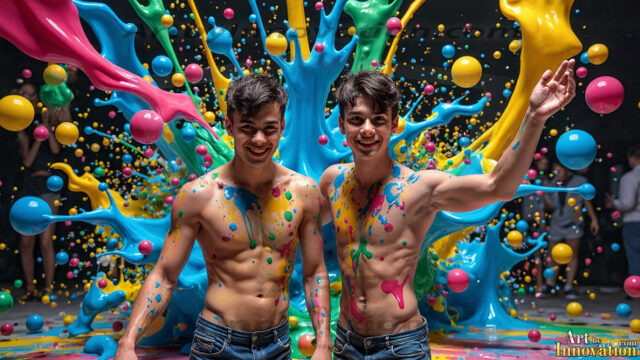 Paint Splat Fun - Hot men having fun with body paint. AI-generated abstract art featuring beautiful, handsome, sexy, shirtless, men, boys, lads, full of excitement joy and fun, covered in body paint, dynamic, interactive, Combining elements of realism with surreal abstract qualities, showcasing the potential of AI in artistic expression. Photos of guys, just smiling, happy, and having a good time. Most of them are smiling because a paint bomb just blow up next to them, so I'm calling is Abstract Art. When paint attacks and makes people happy, it's Art!