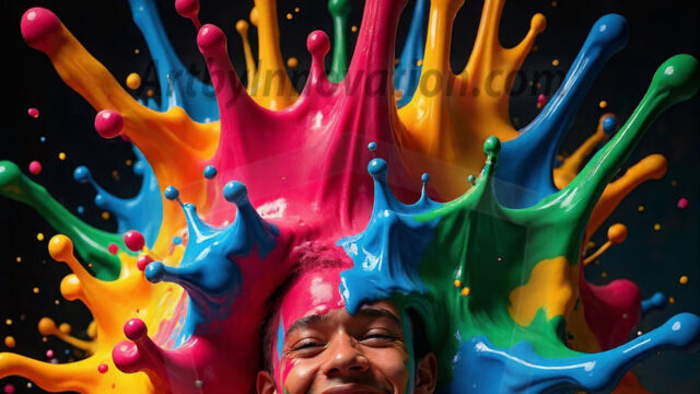 Paint Splat Fun - Hot men having fun with body paint. AI-generated abstract art featuring beautiful, handsome, sexy, shirtless, men, boys, lads, full of excitement joy and fun, covered in body paint, dynamic, interactive, Combining elements of realism with surreal abstract qualities, showcasing the potential of AI in artistic expression. Photos of guys, just smiling, happy, and having a good time. Most of them are smiling because a paint bomb just blow up next to them, so I'm calling is Abstract Art. When paint attacks and makes people happy, it's Art!