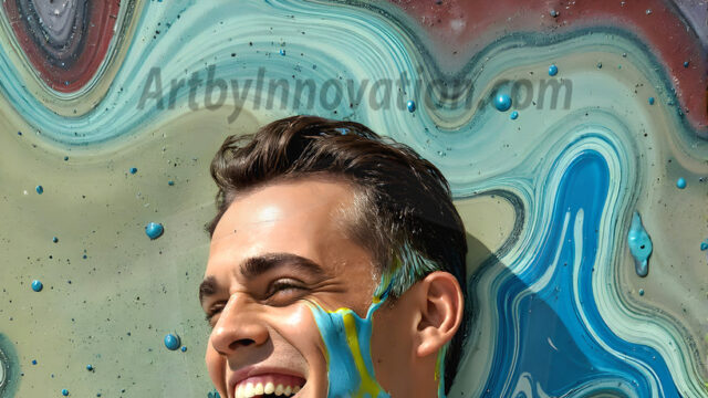 AI-generated abstract art featuring beautiful, handsome, sexy, shirtless, men, boys, lads, full of excitement joy and fun, covered in body paint, dynamic, interactive, Combining elements of realism with surreal abstract qualities, showcasing the potential of AI in artistic expression. Photos of guys, just smiling, happy, and having a good time. Most of them are smiling because a paint bomb just blow up next to them, so I'm calling is Abstract Art. When paint attacks and makes people happy, it's Art!