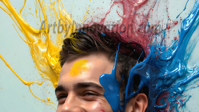 AI-generated abstract art featuring beautiful, handsome, sexy, shirtless, men, boys, lads, full of excitement joy and fun, covered in body paint, dynamic, interactive, Combining elements of realism with surreal abstract qualities, showcasing the potential of AI in artistic expression. Photos of guys, just smiling, happy, and having a good time. Most of them are smiling because a paint bomb just blow up next to them, so I'm calling is Abstract Art. When paint attacks and makes people happy, it's Art!
