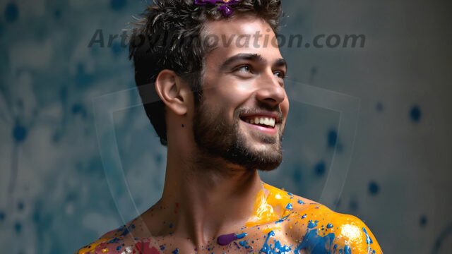 AI-generated abstract portraits of colorful, happy, handsome male faces — paint splatters, huge smiles, and rainbow joy.