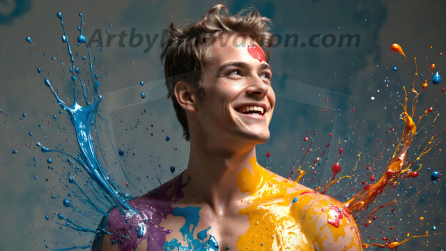 AI-generated abstract art featuring beautiful, handsome, sexy, shirtless, men, boys, lads, full of excitement joy and fun, covered in body paint, dynamic, interactive, Combining elements of realism with surreal abstract qualities, showcasing the potential of AI in artistic expression. Photos of guys, just smiling, happy, and having a good time. Most of them are smiling because a paint bomb just blow up next to them, so I'm calling is Abstract Art. When paint attacks and makes people happy, it's Art!