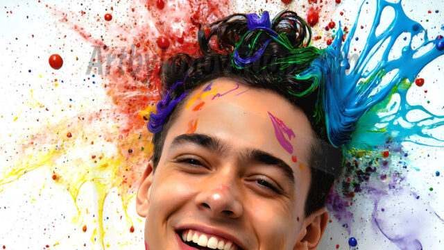 AI-generated abstract art featuring beautiful, handsome, sexy, shirtless, men, boys, lads, full of excitement joy and fun, covered in body paint, dynamic, interactive, Combining elements of realism with surreal abstract qualities, showcasing the potential of AI in artistic expression. Photos of guys, just smiling, happy, and having a good time. Most of them are smiling because a paint bomb just blow up next to them, so I'm calling is Abstract Art. When paint attacks and makes people happy, it's Art!