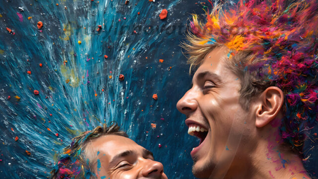 AI-generated abstract art featuring beautiful, handsome, sexy, shirtless, men, boys, lads, full of excitement joy and fun, covered in body paint, dynamic, interactive, Combining elements of realism with surreal abstract qualities, showcasing the potential of AI in artistic expression. Photos of guys, just smiling, happy, and having a good time. Most of them are smiling because a paint bomb just blow up next to them, so I'm calling is Abstract Art. When paint attacks and makes people happy, it's Art!