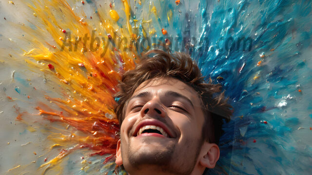 AI-generated abstract art featuring beautiful, handsome, sexy, shirtless, men, boys, lads, full of excitement joy and fun, covered in body paint, dynamic, interactive, Combining elements of realism with surreal abstract qualities, showcasing the potential of AI in artistic expression. Photos of guys, just smiling, happy, and having a good time. Most of them are smiling because a paint bomb just blow up next to them, so I'm calling is Abstract Art. When paint attacks and makes people happy, it's Art!