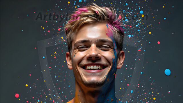 AI-generated abstract art featuring beautiful, handsome, sexy, shirtless, men, boys, lads, full of excitement joy and fun, covered in body paint, dynamic, interactive, Combining elements of realism with surreal abstract qualities, showcasing the potential of AI in artistic expression. Photos of guys, just smiling, happy, and having a good time. Most of them are smiling because a paint bomb just blow up next to them, so I'm calling is Abstract Art. When paint attacks and makes people happy, it's Art!