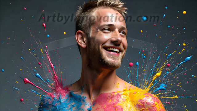 AI-generated abstract art featuring beautiful, handsome, sexy, shirtless, men, boys, lads, full of excitement joy and fun, covered in body paint, dynamic, interactive, Combining elements of realism with surreal abstract qualities, showcasing the potential of AI in artistic expression. Photos of guys, just smiling, happy, and having a good time. Most of them are smiling because a paint bomb just blow up next to them, so I'm calling is Abstract Art. When paint attacks and makes people happy, it's Art!