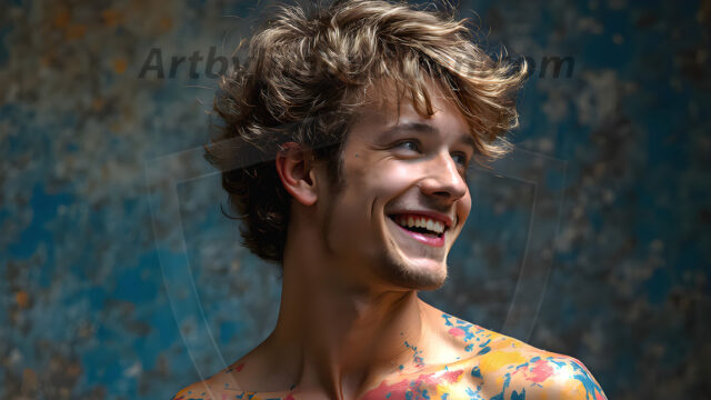 AI-generated abstract art featuring beautiful, handsome, sexy, shirtless, men, boys, lads, full of excitement joy and fun, covered in body paint, dynamic, interactive, Combining elements of realism with surreal abstract qualities, showcasing the potential of AI in artistic expression. Photos of guys, just smiling, happy, and having a good time. Most of them are smiling because a paint bomb just blow up next to them, so I'm calling is Abstract Art. When paint attacks and makes people happy, it's Art!