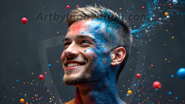AI-generated abstract art featuring beautiful, handsome, sexy, shirtless, men, boys, lads, full of excitement joy and fun, covered in body paint, dynamic, interactive, Combining elements of realism with surreal abstract qualities, showcasing the potential of AI in artistic expression. Photos of guys, just smiling, happy, and having a good time. Most of them are smiling because a paint bomb just blow up next to them, so I'm calling is Abstract Art. When paint attacks and makes people happy, it's Art!