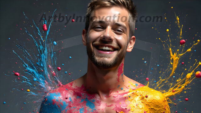 AI-generated abstract art featuring beautiful, handsome, sexy, shirtless, men, boys, lads, full of excitement joy and fun, covered in body paint, dynamic, interactive, Combining elements of realism with surreal abstract qualities, showcasing the potential of AI in artistic expression. Photos of guys, just smiling, happy, and having a good time. Most of them are smiling because a paint bomb just blow up next to them, so I'm calling is Abstract Art. When paint attacks and makes people happy, it's Art!