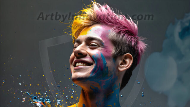 AI-generated abstract art featuring beautiful, handsome, sexy, shirtless, men, boys, lads, full of excitement joy and fun, covered in body paint, dynamic, interactive, Combining elements of realism with surreal abstract qualities, showcasing the potential of AI in artistic expression. Photos of guys, just smiling, happy, and having a good time. Most of them are smiling because a paint bomb just blow up next to them, so I'm calling is Abstract Art. When paint attacks and makes people happy, it's Art!