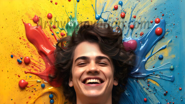 AI-generated abstract art featuring beautiful, handsome, sexy, shirtless, men, boys, lads, full of excitement joy and fun, covered in body paint, dynamic, interactive, Combining elements of realism with surreal abstract qualities, showcasing the potential of AI in artistic expression. Photos of guys, just smiling, happy, and having a good time. Most of them are smiling because a paint bomb just blow up next to them, so I'm calling is Abstract Art. When paint attacks and makes people happy, it's Art!