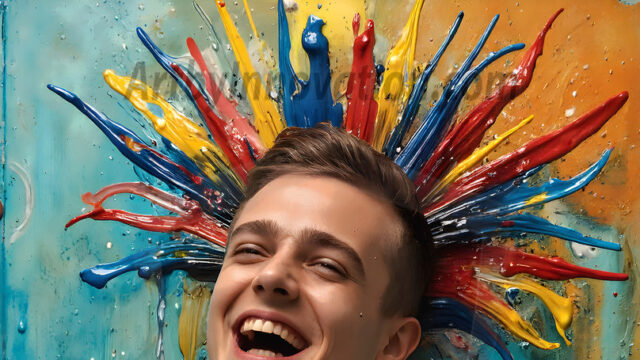 AI-generated abstract art featuring beautiful, handsome, sexy, shirtless, men, boys, lads, full of excitement joy and fun, covered in body paint, dynamic, interactive, Combining elements of realism with surreal abstract qualities, showcasing the potential of AI in artistic expression. Photos of guys, just smiling, happy, and having a good time. Most of them are smiling because a paint bomb just blow up next to them, so I'm calling is Abstract Art. When paint attacks and makes people happy, it's Art!