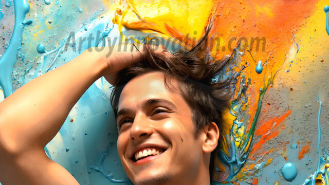 AI-generated abstract art featuring beautiful, handsome, sexy, shirtless, men, boys, lads, full of excitement joy and fun, covered in body paint, dynamic, interactive, Combining elements of realism with surreal abstract qualities, showcasing the potential of AI in artistic expression. Photos of guys, just smiling, happy, and having a good time. Most of them are smiling because a paint bomb just blow up next to them, so I'm calling is Abstract Art. When paint attacks and makes people happy, it's Art!