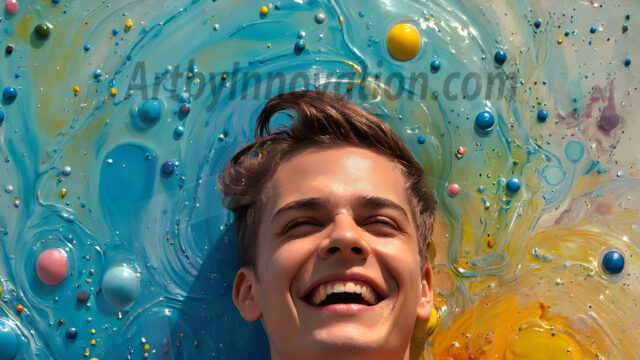 AI-generated abstract art featuring beautiful, handsome, sexy, shirtless, men, boys, lads, full of excitement joy and fun, covered in body paint, dynamic, interactive, Combining elements of realism with surreal abstract qualities, showcasing the potential of AI in artistic expression. Photos of guys, just smiling, happy, and having a good time. Most of them are smiling because a paint bomb just blow up next to them, so I'm calling is Abstract Art. When paint attacks and makes people happy, it's Art!
