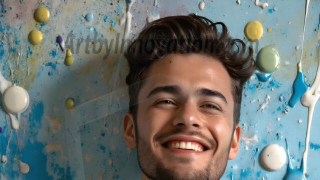 AI-generated abstract art featuring beautiful, handsome, sexy, shirtless, men, boys, lads, full of excitement joy and fun, covered in body paint, dynamic, interactive, Combining elements of realism with surreal abstract qualities, showcasing the potential of AI in artistic expression. Photos of guys, just smiling, happy, and having a good time. Most of them are smiling because a paint bomb just blow up next to them, so I'm calling is Abstract Art. When paint attacks and makes people happy, it's Art!
