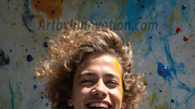 AI-generated abstract art featuring beautiful, handsome, sexy, shirtless, men, boys, lads, full of excitement joy and fun, covered in body paint, dynamic, interactive, Combining elements of realism with surreal abstract qualities, showcasing the potential of AI in artistic expression. Photos of guys, just smiling, happy, and having a good time. Most of them are smiling because a paint bomb just blow up next to them, so I'm calling is Abstract Art. When paint attacks and makes people happy, it's Art!