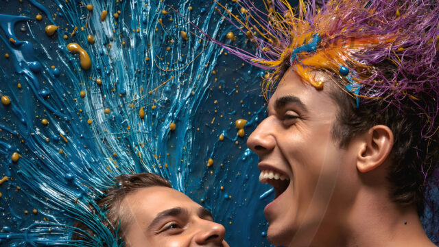 AI-generated abstract art featuring beautiful, handsome, sexy, shirtless, men, boys, lads, full of excitement joy and fun, covered in body paint, dynamic, interactive, Combining elements of realism with surreal abstract qualities, showcasing the potential of AI in artistic expression. Photos of guys, just smiling, happy, and having a good time. Most of them are smiling because a paint bomb just blow up next to them, so I'm calling is Abstract Art. When paint attacks and makes people happy, it's Art!