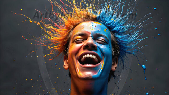 AI-generated abstract art featuring beautiful, handsome, sexy, shirtless, men, boys, lads, full of excitement joy and fun, covered in body paint, dynamic, interactive, Combining elements of realism with surreal abstract qualities, showcasing the potential of AI in artistic expression. Photos of guys, just smiling, happy, and having a good time. Most of them are smiling because a paint bomb just blow up next to them, so I'm calling is Abstract Art. When paint attacks and makes people happy, it's Art!