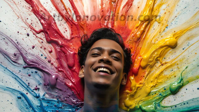 AI-generated abstract art featuring beautiful, handsome, sexy, shirtless, men, boys, lads, full of excitement joy and fun, covered in body paint, dynamic, interactive, Combining elements of realism with surreal abstract qualities, showcasing the potential of AI in artistic expression. Photos of guys, just smiling, happy, and having a good time. Most of them are smiling because a paint bomb just blow up next to them, so I'm calling is Abstract Art. When paint attacks and makes people happy, it's Art!