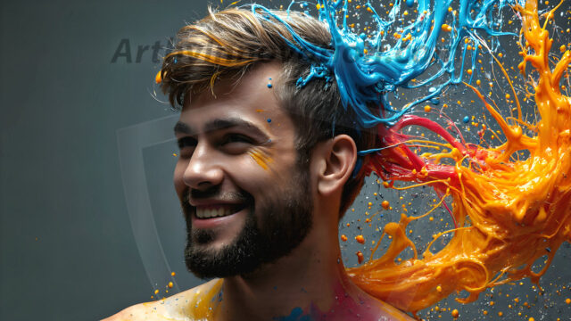AI-generated abstract art featuring beautiful, handsome, sexy, shirtless, men, boys, lads, full of excitement joy and fun, covered in body paint, dynamic, interactive, Combining elements of realism with surreal abstract qualities, showcasing the potential of AI in artistic expression. Photos of guys, just smiling, happy, and having a good time. Most of them are smiling because a paint bomb just blow up next to them, so I'm calling is Abstract Art. When paint attacks and makes people happy, it's Art!