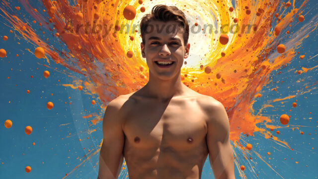 AI-generated abstract art featuring beautiful, handsome, sexy, shirtless, men, boys, lads, full of excitement joy and fun, covered in body paint, dynamic, interactive, Combining elements of realism with surreal abstract qualities, showcasing the potential of AI in artistic expression. Photos of guys, just smiling, happy, and having a good time. Most of them are smiling because a paint bomb just blow up next to them, so I'm calling is Abstract Art. When paint attacks and makes people happy, it's Art!