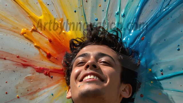 AI-generated abstract art featuring beautiful, handsome, sexy, shirtless, men, boys, lads, full of excitement joy and fun, covered in body paint, dynamic, interactive, Combining elements of realism with surreal abstract qualities, showcasing the potential of AI in artistic expression. Photos of guys, just smiling, happy, and having a good time. Most of them are smiling because a paint bomb just blow up next to them, so I'm calling is Abstract Art. When paint attacks and makes people happy, it's Art!