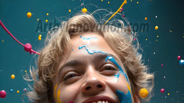 AI-generated abstract art featuring beautiful, handsome, sexy, shirtless, men, boys, lads, full of excitement joy and fun, covered in body paint, dynamic, interactive, Combining elements of realism with surreal abstract qualities, showcasing the potential of AI in artistic expression. Photos of guys, just smiling, happy, and having a good time. Most of them are smiling because a paint bomb just blow up next to them, so I'm calling is Abstract Art. When paint attacks and makes people happy, it's Art!