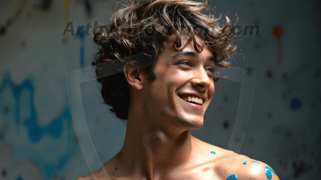 AI-generated abstract art featuring beautiful, handsome, sexy, shirtless, men, boys, lads, full of excitement joy and fun, covered in body paint, dynamic, interactive, Combining elements of realism with surreal abstract qualities, showcasing the potential of AI in artistic expression. Photos of guys, just smiling, happy, and having a good time. Most of them are smiling because a paint bomb just blow up next to them, so I'm calling is Abstract Art. When paint attacks and makes people happy, it's Art!