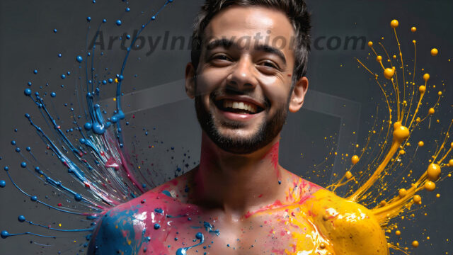 AI-generated abstract art featuring beautiful, handsome, sexy, shirtless, men, boys, lads, full of excitement joy and fun, covered in body paint, dynamic, interactive, Combining elements of realism with surreal abstract qualities, showcasing the potential of AI in artistic expression. Photos of guys, just smiling, happy, and having a good time. Most of them are smiling because a paint bomb just blow up next to them, so I'm calling is Abstract Art. When paint attacks and makes people happy, it's Art!