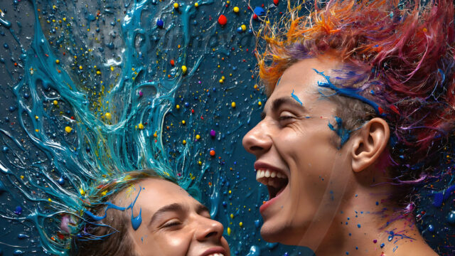 AI-generated abstract art featuring beautiful, handsome, sexy, shirtless, men, boys, lads, full of excitement joy and fun, covered in body paint, dynamic, interactive, Combining elements of realism with surreal abstract qualities, showcasing the potential of AI in artistic expression. Photos of guys, just smiling, happy, and having a good time. Most of them are smiling because a paint bomb just blow up next to them, so I'm calling is Abstract Art. When paint attacks and makes people happy, it's Art!