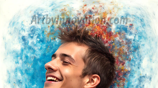 AI-generated abstract art featuring beautiful, handsome, sexy, shirtless, men, boys, lads, full of excitement joy and fun, covered in body paint, dynamic, interactive, Combining elements of realism with surreal abstract qualities, showcasing the potential of AI in artistic expression. Photos of guys, just smiling, happy, and having a good time. Most of them are smiling because a paint bomb just blow up next to them, so I'm calling is Abstract Art. When paint attacks and makes people happy, it's Art!