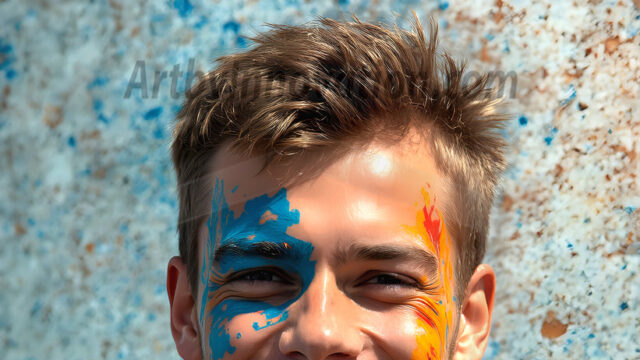 AI-generated abstract art featuring beautiful, handsome, sexy, shirtless, men, boys, lads, full of excitement joy and fun, covered in body paint, dynamic, interactive, Combining elements of realism with surreal abstract qualities, showcasing the potential of AI in artistic expression. Photos of guys, just smiling, happy, and having a good time. Most of them are smiling because a paint bomb just blow up next to them, so I'm calling is Abstract Art. When paint attacks and makes people happy, it's Art!