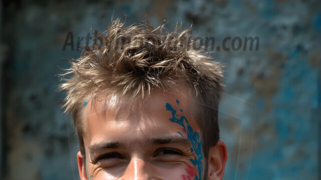 AI-generated abstract art featuring beautiful, handsome, sexy, shirtless, men, boys, lads, full of excitement joy and fun, covered in body paint, dynamic, interactive, Combining elements of realism with surreal abstract qualities, showcasing the potential of AI in artistic expression. Photos of guys, just smiling, happy, and having a good time. Most of them are smiling because a paint bomb just blow up next to them, so I'm calling is Abstract Art. When paint attacks and makes people happy, it's Art!